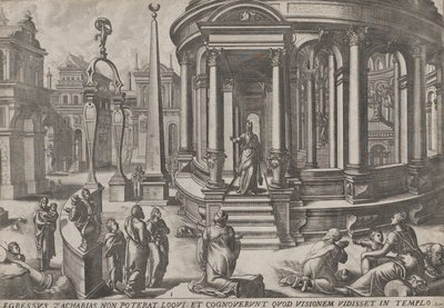 Zacharias verlässt den Tempel, aus der Serie Ereignisse im und um den Tempel von Johannes and Lucas van Doetecum