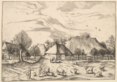 Bauernhöfe, Vieh mit Hirten und Milchmädchen im Vordergrund aus Multifariarum casularu..., 1559-61 von Johannes van Doetecum I
