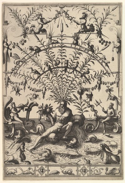 Moderne groteske Dekoration mit einem Flussgott, 1557 von Johannes van Doetecum I