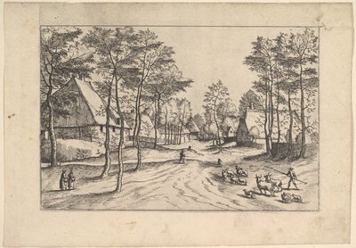 Dorfstraße, Vieh, Schafe und Hirte im Vordergrund aus Praediorum villar..., ca. 1559-61 von Johannes van Doetecum I