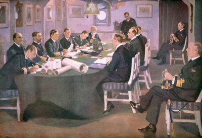 Admiral Sir David Beatty liest den deutschen Delegierten an Bord der HMS Queen Elizabeth in Rosyth die Bedingungen des Waffenstillstands vor von John (after) Lavery