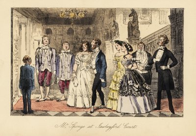 Englischer Gentleman und Damen werden vor dem Abendessen in einem großen Haus angekündigt von John (after) Leech
