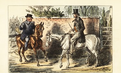 Englischer Gentleman auf einem alten Pferd, abgelehnt von einem Mann auf einem braunen Pferd von John (after) Leech