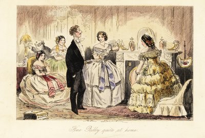 Englischer Gentleman besucht eine Dame und ihre Töchter in einem Wohnzimmer von John (after) Leech