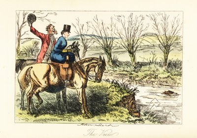 Englischer Jäger und Dame beobachten einen Fuchs, der einen Fluss durchschwimmt von John (after) Leech