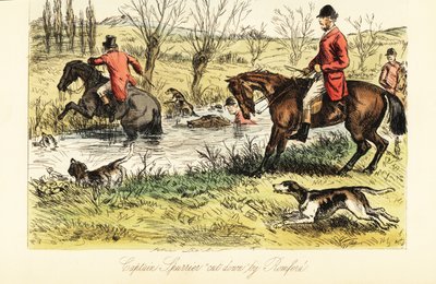 Englischer Jäger durchquert einen Fluss mit Fuchshunden von John (after) Leech
