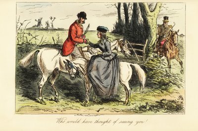 Gentleman auf einem alten Gaul und Dame auf einem Pony treffen sich bei einer Fuchsjagd von John (after) Leech