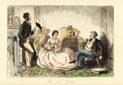 Dame im Reifrockkleid mit zwei Herrenbesuchern in einem Salon von John (after) Leech