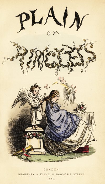 Titelseite mit kalligraphischem Titel und Vignette eines geflügelten Cherubim-Friseurs, der einem Mädchen die Haare kämmt von John (after) Leech