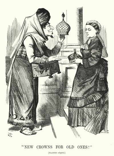 Punch-Karikatur: Neue Kronen für alte. Benjamin Disraeli (als Aladdin) mit Königin Victoria - das Royal Titles Act 1876, das die Königin als Kaiserin von Indien anerkennt von John (after) Tenniel