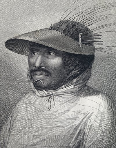 Porträt eines Mannes aus Oonalashka (oder Unalaska, Alaska, Vereinigte Staaten). Spät 18. Jahrhundert Gravur, von William Sharp (?), nach John Webber (1751-1793). von John (after) Webber