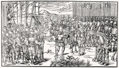Die englische Armee wird zur Schlacht aufgestellt, während Sidney selbst mit einem trotzigen Boten der Iren verhandelt, Platte 7 aus 