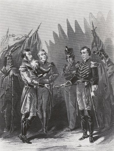 Die Kapitulation des amerikanischen Generals William Hull an britische Truppen und indianische Krieger in Detroit, 15. Juli von Walter Charles Mills