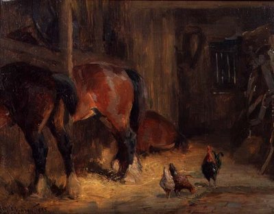 Innenansicht eines Stalls mit Pferden und Hühnern von John Atkinson