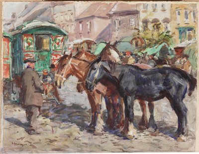 Schwarzes Pferd mit Häusern im Hintergrund von John Atkinson