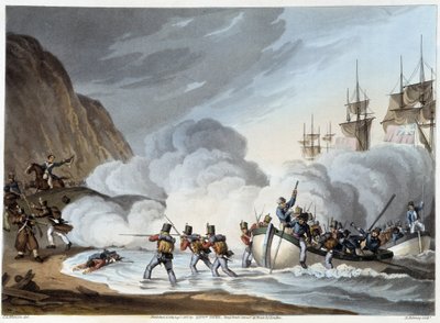 Landung von Truppen, frühes 19. Jahrhundert in „Historical, Military and Naval Anecdotes...“ von Edward Orne von John Augustus Atkinson