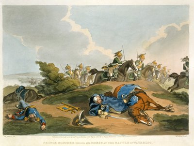 Prinz Blücher unter seinem Pferd in der Schlacht von Waterloo, graviert von Matthew Dubourg, aus 