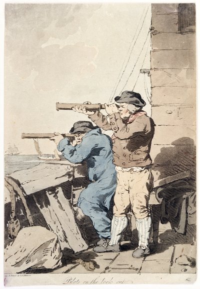 Zwei Piloten auf Überwachung, jeder mit eigenem Teleskop, auf das Meer gerichtet, von der Plattform eines befestigten Gebäudes von John Augustus Atkinson