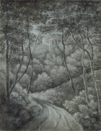 Landschaft mit einem Weg durch einen Wald und einem klassischen Tempel, spätes 18. Jahrhundert von John Baptist Malchair