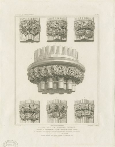 Innenansicht der Kathedrale von Lichfield - Cluster-Säule im Kapitelhaus und Konsolen in der Marienkapelle: Gravur, undatiert [ca. 1819] von John Britton