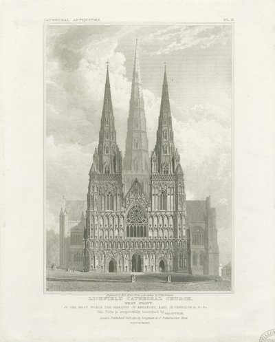 Lichfield Kathedrale - Westfassade: Radierung, undatiert [ca. 1820] von John Britton