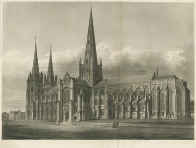 Lichfield Kathedrale - Südostansicht: Aquatinta-Radierung, undatiert [?19. Jahrhundert] von John Buckler