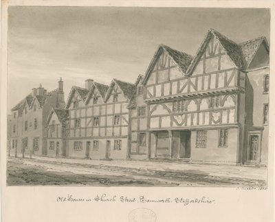 Tamworth - Alte Häuser in der Church Street: Sepiawaschzeichnung, 1838 von John Buckler