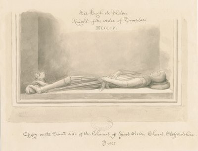 Weston-under-Lizard Kirche - Abbild von Sir Hugh de Weston: Sepia-Zeichnung, 1842 von John Buckler