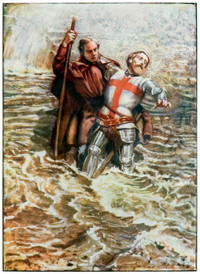 Hopeful hilft Christian den Fluss zu überqueren aus The Pilgrims Progress From This World, To That Which Is To Come von John Bunyan (1628-1688) Illustration von Byam Shaw (1872-1919) von John Byam Liston Shaw