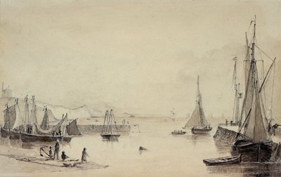 Hafen von Folkestone mit Schiffen, Shakespeares Klippe in der Ferne, 19. Jahrhundert von John Carpenter