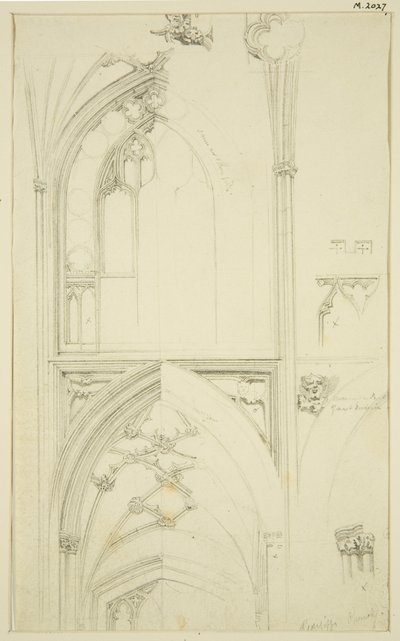 Details der Obergadenfenster-Tracery und des Gewölbes des darunterliegenden Seitenschiffs in St. Mary Redcliffe von John Carter