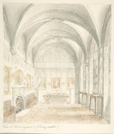 Lea Castle, Worcestershire, Speisesaal Blick nach Süden, ca. 1816 von John Carter.