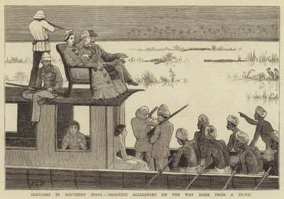 Skizzen in Südindien, Alligatorenjagd auf dem Heimweg von einem Picknick von John Charles Dollman