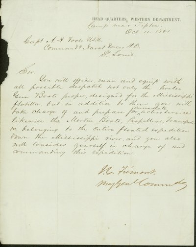 Brief unterschrieben J.C. Fremont, Major General Commanding, Hauptquartier, Western Department, Lager bei Tipton, an Kapitän A.H. Foote, U.S.N. Kommandant der Marinekräfte H.D., St. Louis, 11. Oktober 1861 von John Charles Frémont