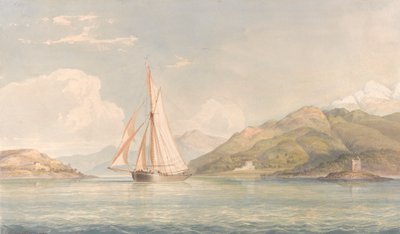 Boot segelt nach links mit Bergen im Hintergrund von John Christian Schetky