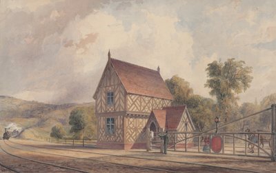 Tudor-Stil ländlicher Bahnhof und Bahnübergang, 1844-77 von John Connell Ogle