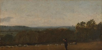 Ein Schäfer in einer Landschaft, der über das Dedham-Tal nach Langham schaut von John Constable