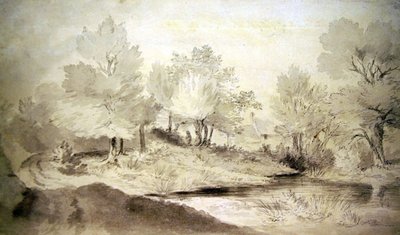 Ein Teich in Suffolk, mit Hütten in der Ferne von John Constable