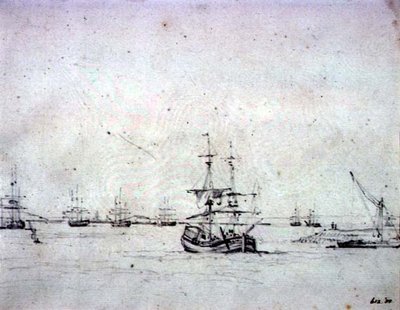 Eine Brigg vor Anker und andere Schiffe auf der Themse von John Constable