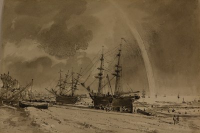 Brighton Beach mit einem Regenbogen: Kohlenträger beim Entladen, ca. 1792 (Aquarell auf Papier) von John Constable