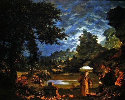 Mönche mit einer Laterne in einer felsigen mondbeschienenen Landschaft von John Cranch