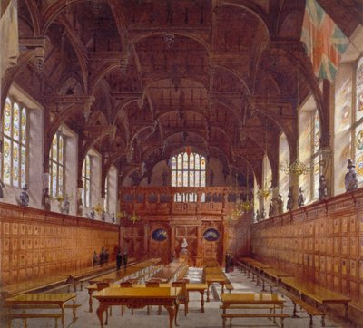 Innenansicht der Middle Temple Hall vom hohen Tisch mit Figuren, London, 1884 von John Crowther