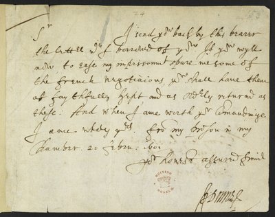 Autographenbrief von John Donne an Sir Robert Cotton, aus dem Gefängnis geschrieben von John Donne