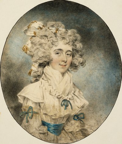 Porträt von Mrs. Fisher, halbe Länge, in einem weißen Kleid mit blauen Bändern, 1788 von John Dowman