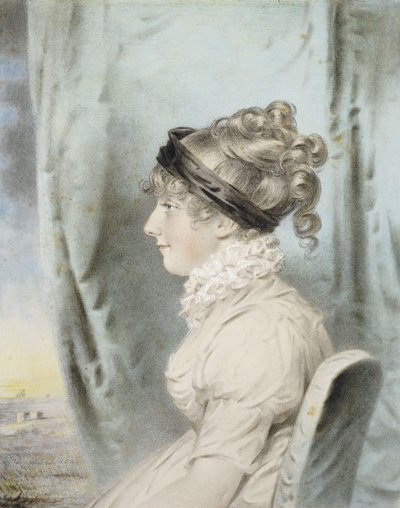 Porträt einer Dame, identifiziert als Eliza Were Holdsworth, sitzend, halblang, im Profil nach links, in einem weißen Kleid und mit einem schwarzen Haarband, neben einem Vorhang, mit einer Küstenansicht dahinter, 1804 von John Dowman