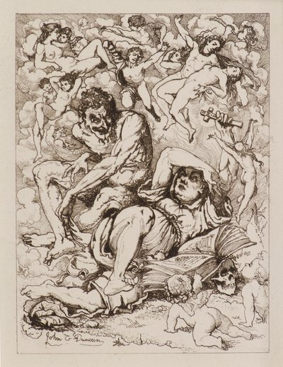 Liegende Figur mit Kreuz, der Teufel sitzt in der Nähe, umgeben von schwebenden Figuren von John Duncan