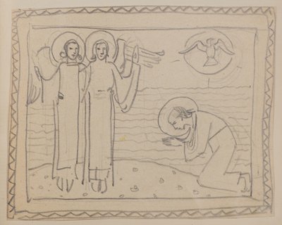 Ohne Titel [Kniende Figur und zwei Engel] von John Duncan