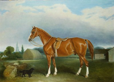 Ein Kastanienjäger und ein Spaniel bei Bauerngebäuden von John E. Ferneley