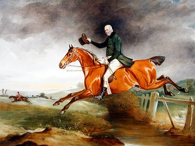 Porträt von George Marriott auf seinem braunen Jäger, der einen Zaun überspringt, mit einer Jagd im Hintergrund von John E. Ferneley