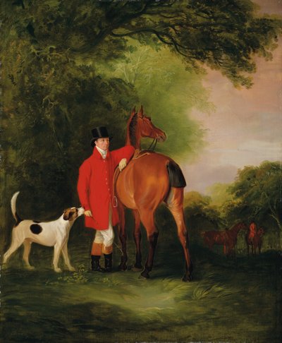 Porträt von Lord Lismore in einem Jagdrock mit seinem braunen Jäger und einem Hund, in einer Landschaft, eine Jagdgesellschaft im Hintergrund von John E. Ferneley